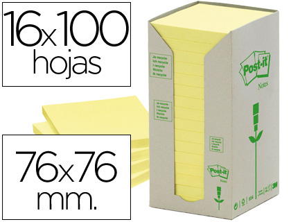 16 bloc de notas adhesivas quita y pon Post-it 76x76mm. recicladas color amarillo